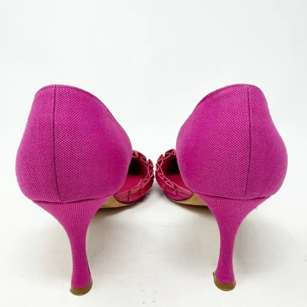 Manolo Blahnik D’Orsay Heels Pink Canvas Pointed Toe Womens Size EU 36.5